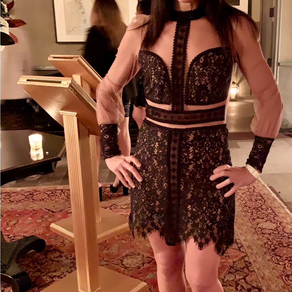For Love and Lemons Black Lace and Sheer Mesh Cocktail Mini Dress Size M